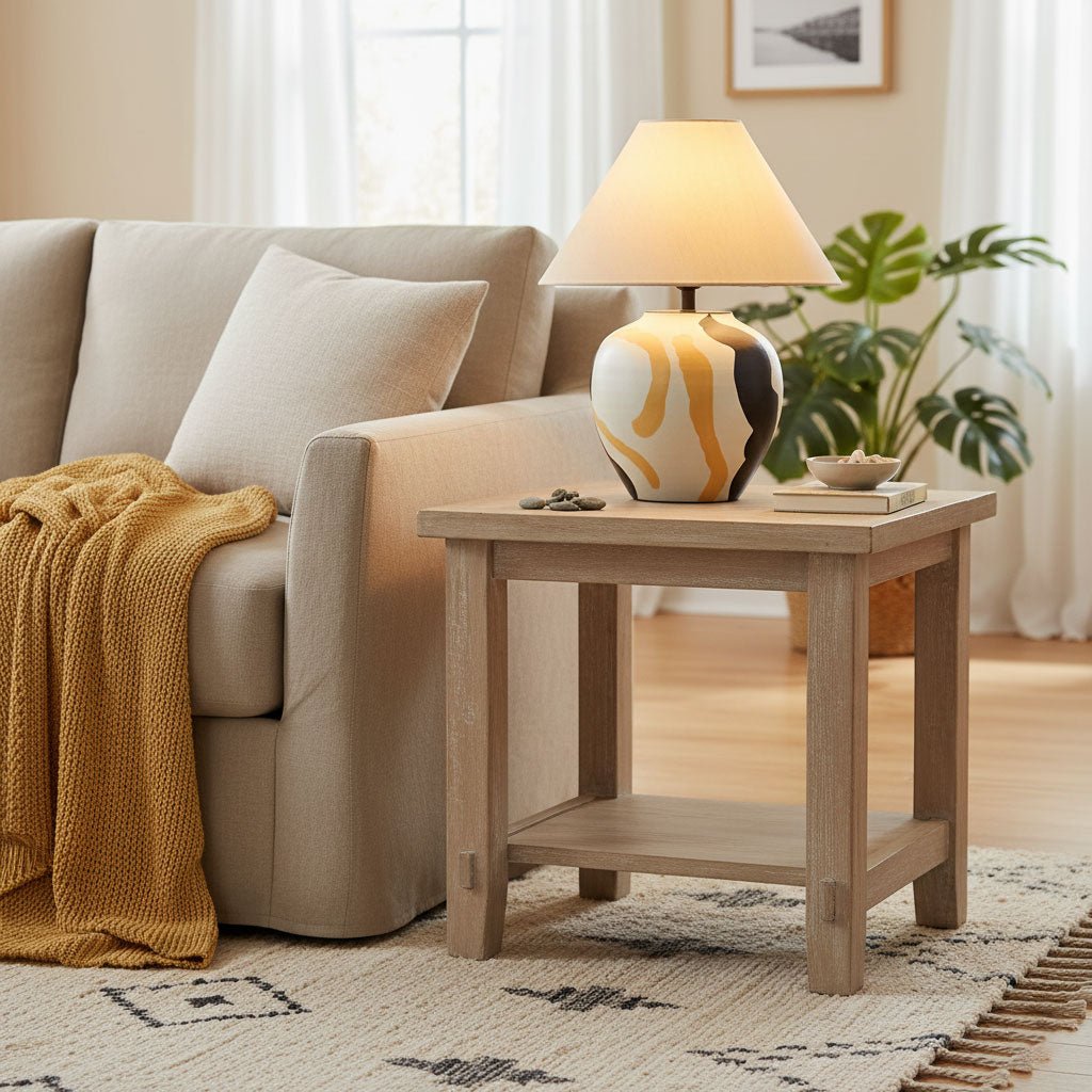 Artisan Ceramic Table Lamp with Abstract Terracotta Pattern and Beige Linen Shade