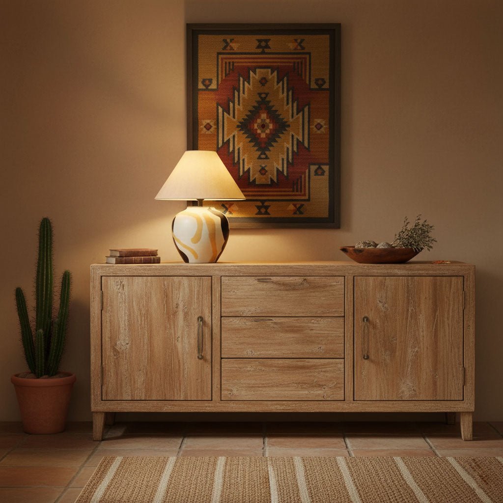 Artisan Ceramic Table Lamp with Abstract Terracotta Pattern and Beige Linen Shade