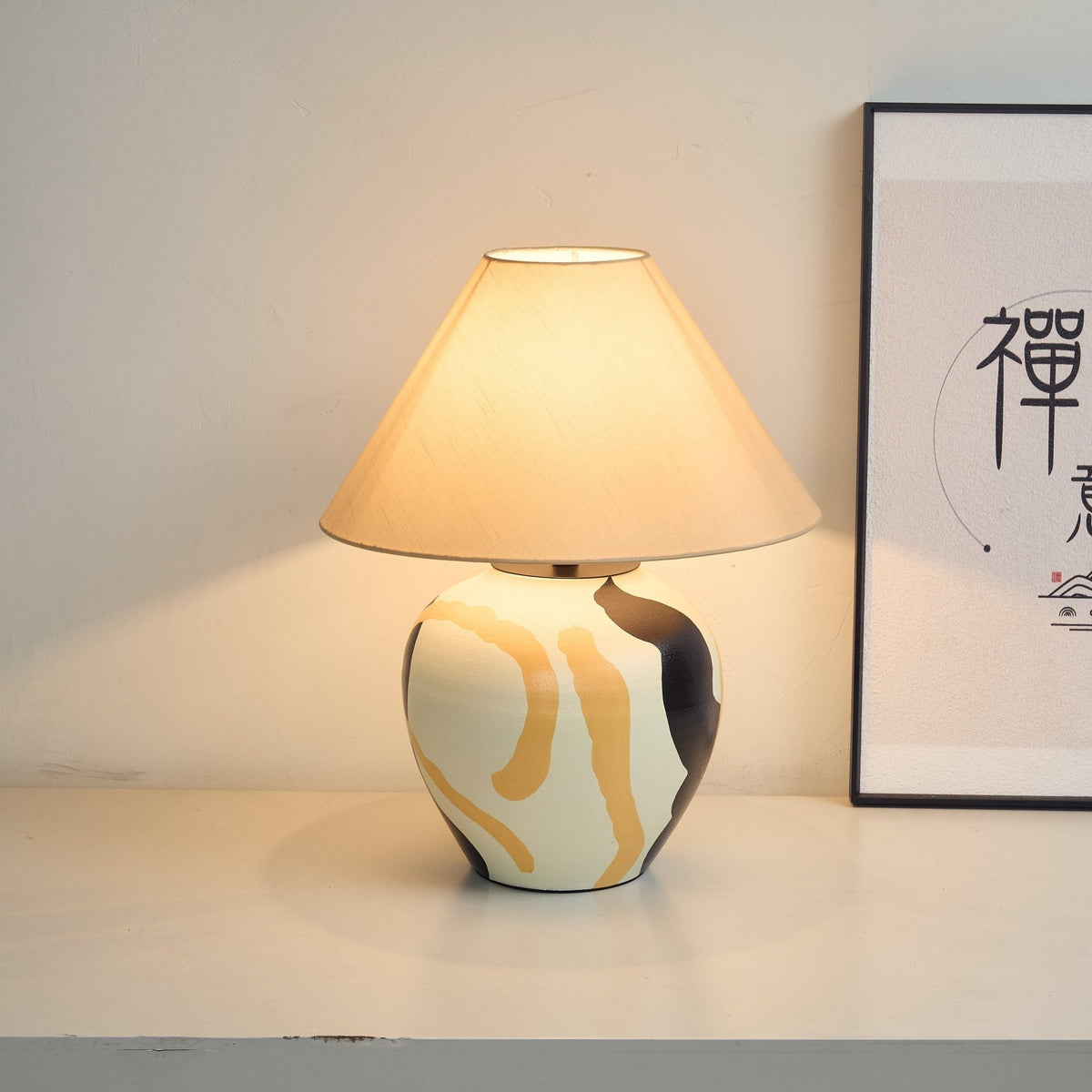 Artisan Ceramic Table Lamp with Abstract Terracotta Pattern and Beige Linen Shade