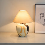 Artisan Ceramic Table Lamp with Abstract Terracotta Pattern and Beige Linen Shade