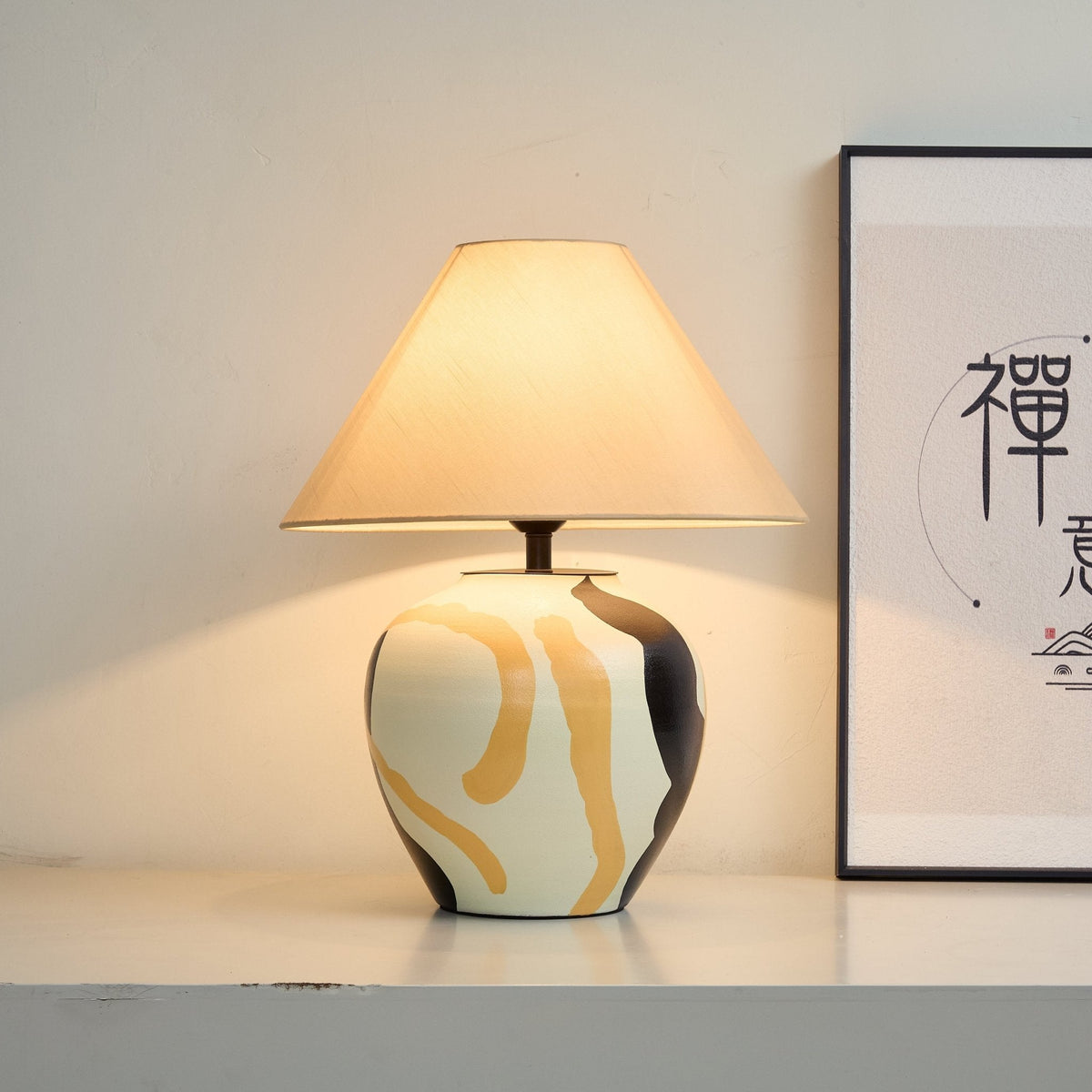 Artisan Ceramic Table Lamp with Abstract Terracotta Pattern and Beige Linen Shade