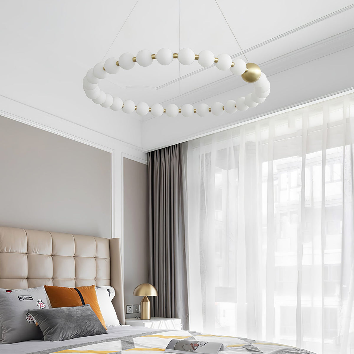 Acrylic Pearl Chandelier in Brass – Modern LED Pendant for Dining Room and Living Room