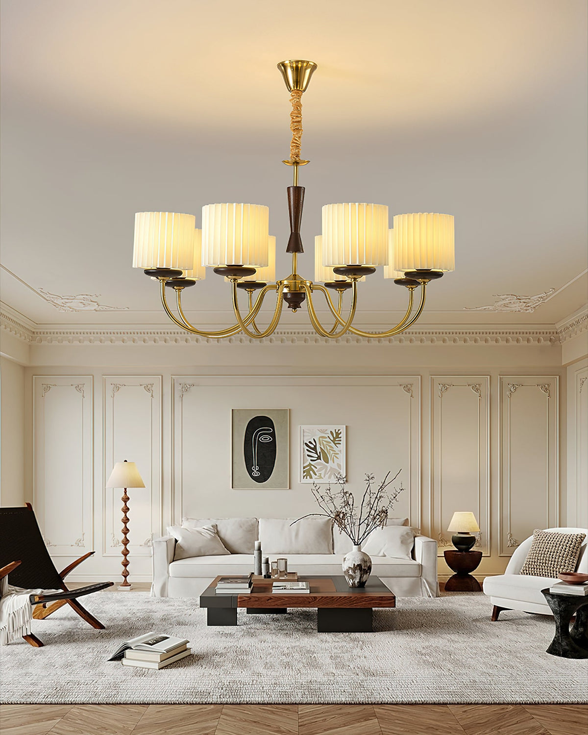 Acurt Chandelier — Walnut & Copper Pleated Pendant Light
