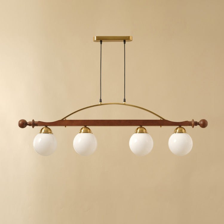 Adorned Linear Chandelier in Walnut and Brass with Glass Orbs