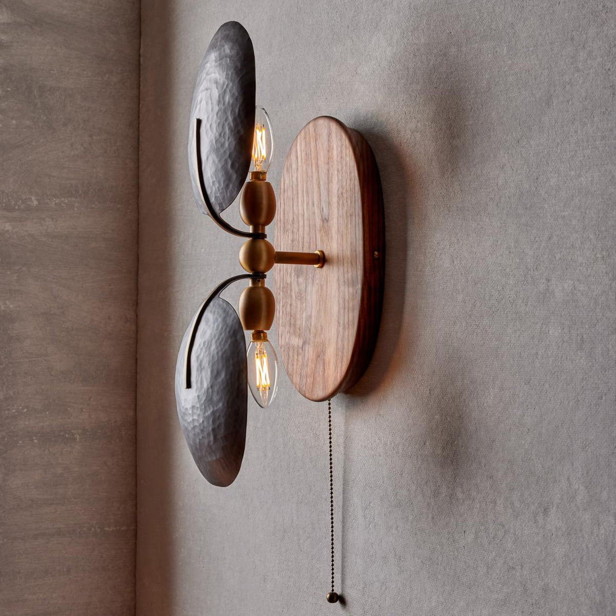 Aero Fan Wall Sconce – Hand-Forged Metal & Walnut Wall Light
