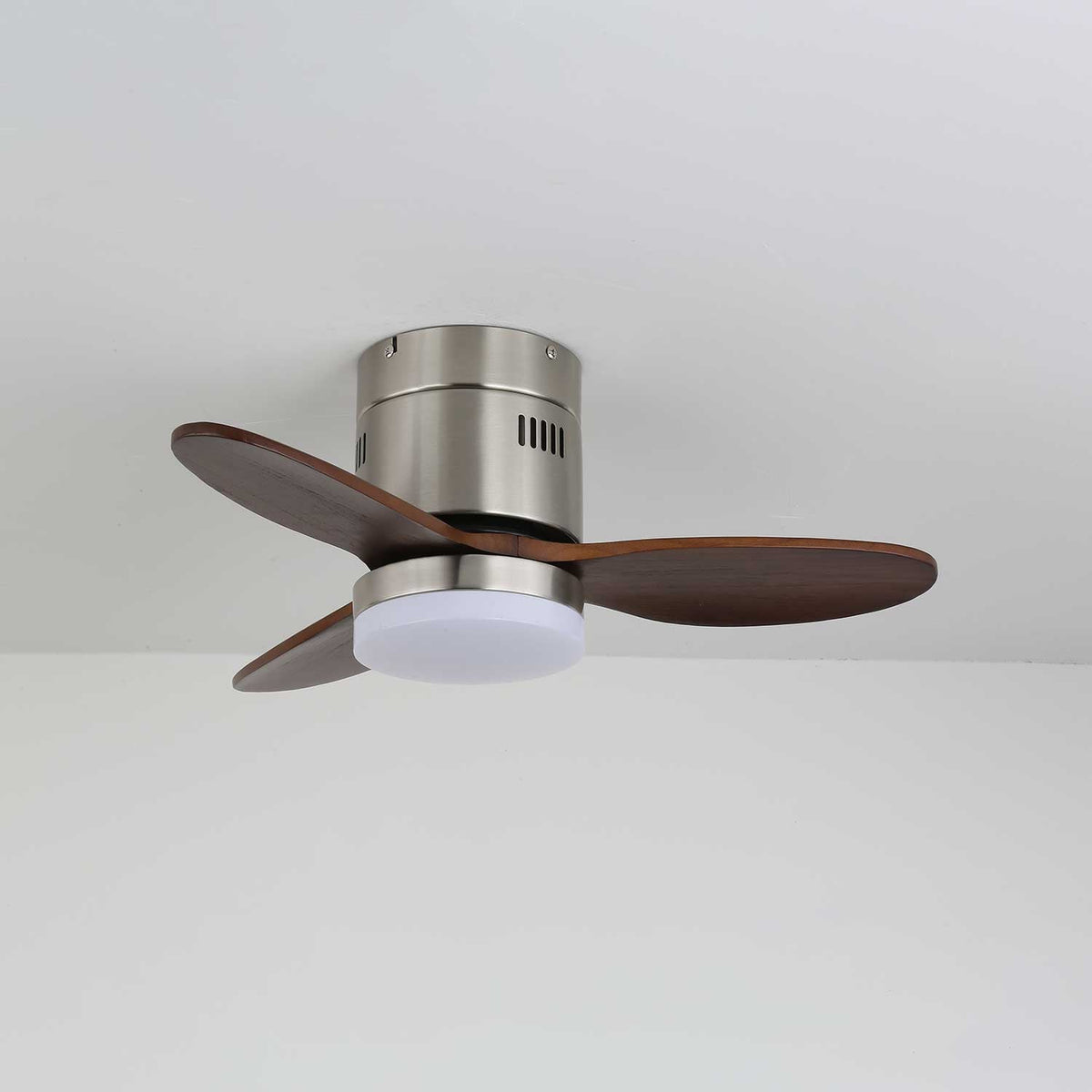 AeroLuxe Modern Ceiling Fan with LED Light, Walnut & Nickel