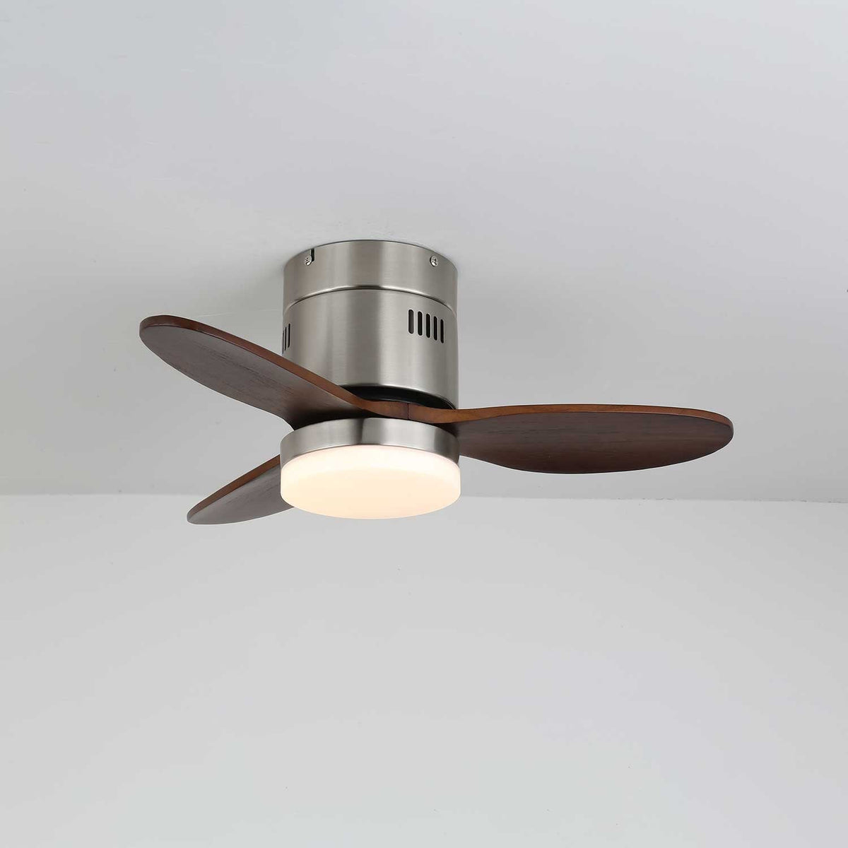 AeroLuxe Modern Ceiling Fan with LED Light, Walnut & Nickel
