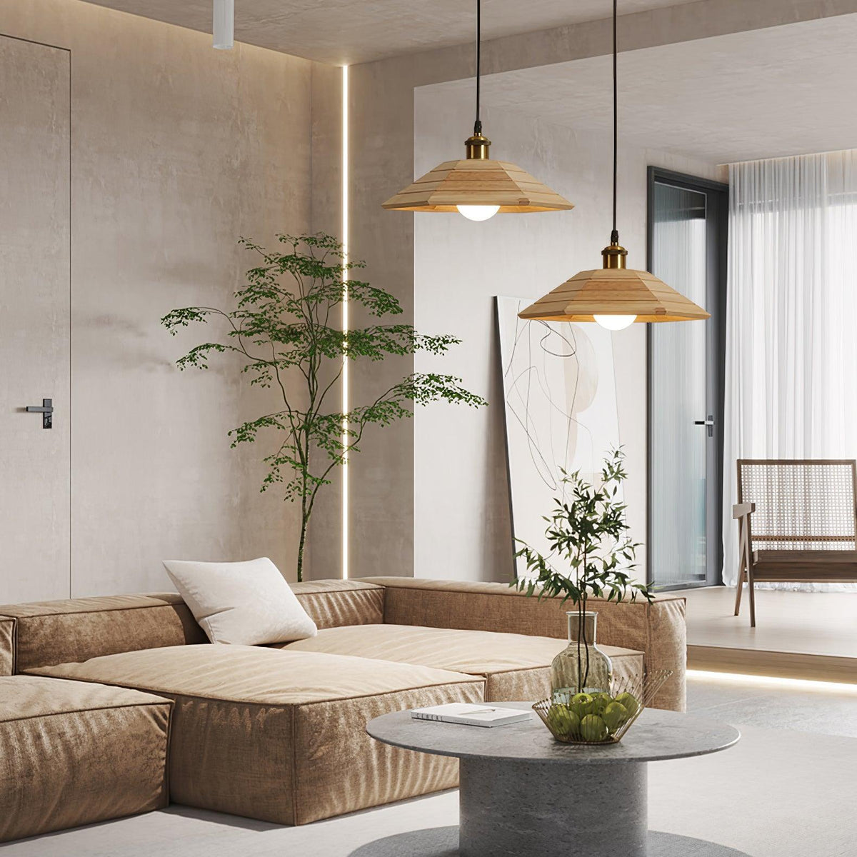 Umbrella Wooden Pendant Light – Modern Natural Wood & Gold Ceiling Lamp