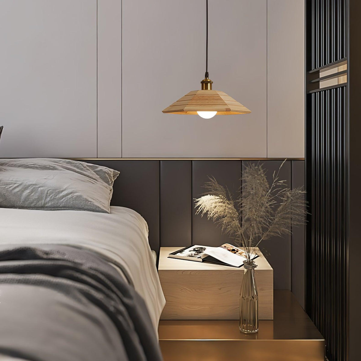 Umbrella Wooden Pendant Light – Modern Natural Wood & Gold Ceiling Lamp