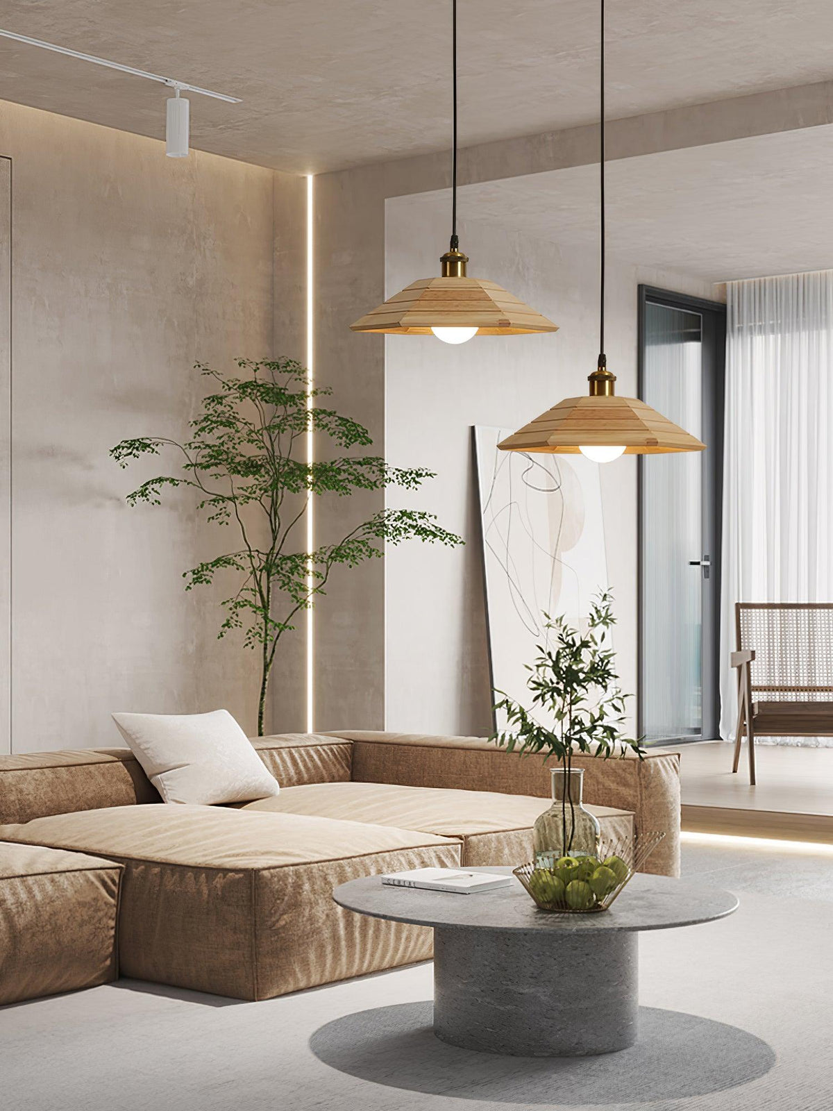Umbrella Wooden Pendant Light – Modern Natural Wood & Gold Ceiling Lamp