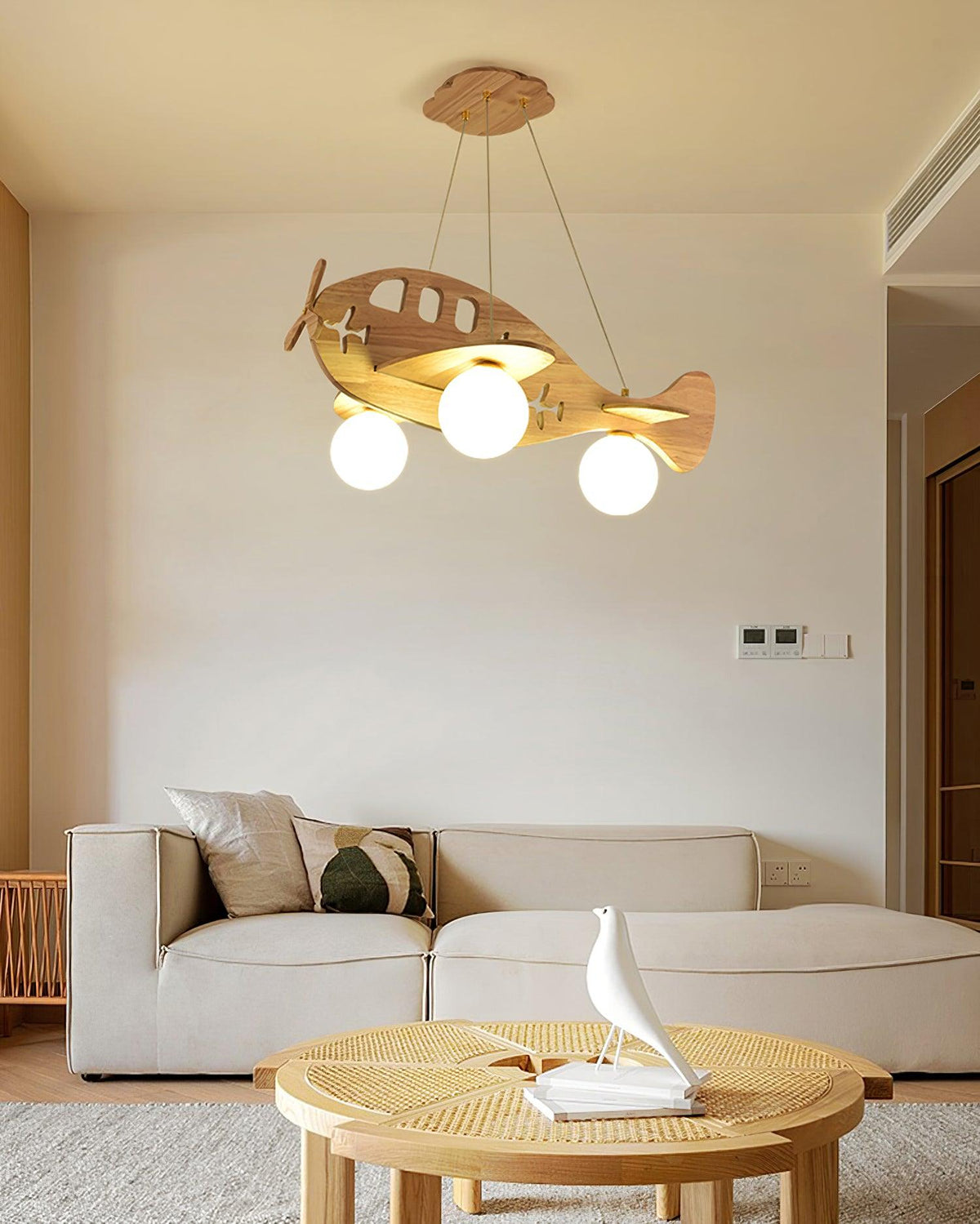 Aviator Pendant Light in Natural Wood and Opal Glass