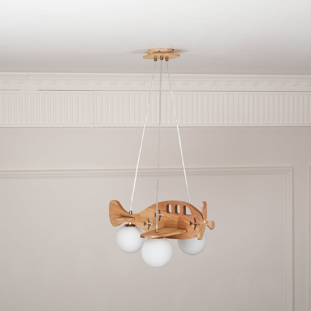 Aviator Pendant Light in Natural Wood and Opal Glass