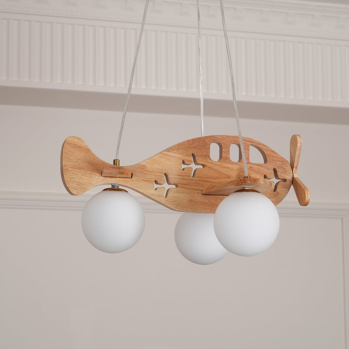 Aviator Pendant Light in Natural Wood and Opal Glass