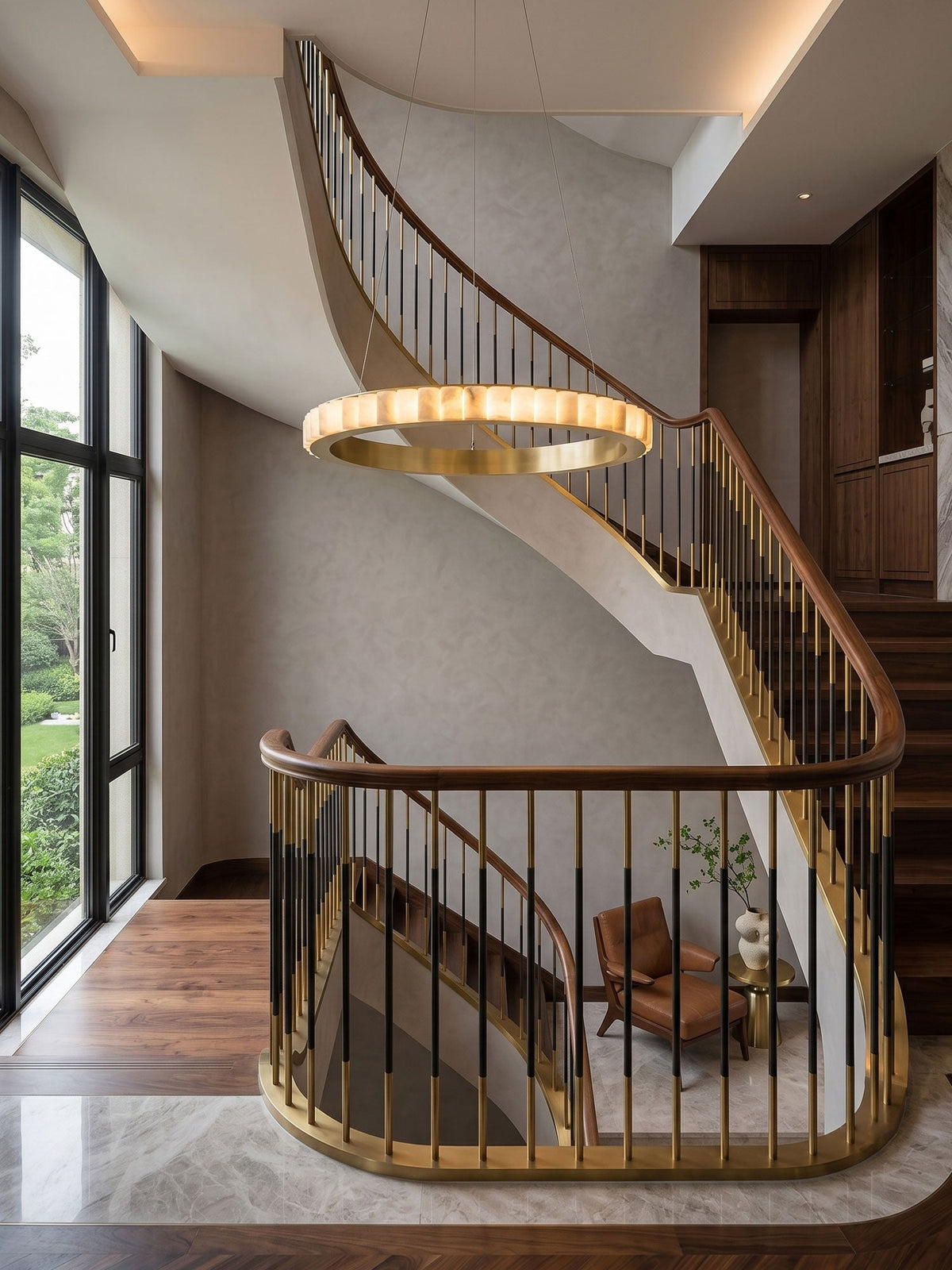 Avalon Halo Alabaster Chandelier – Modern Brass LED Pendant Light