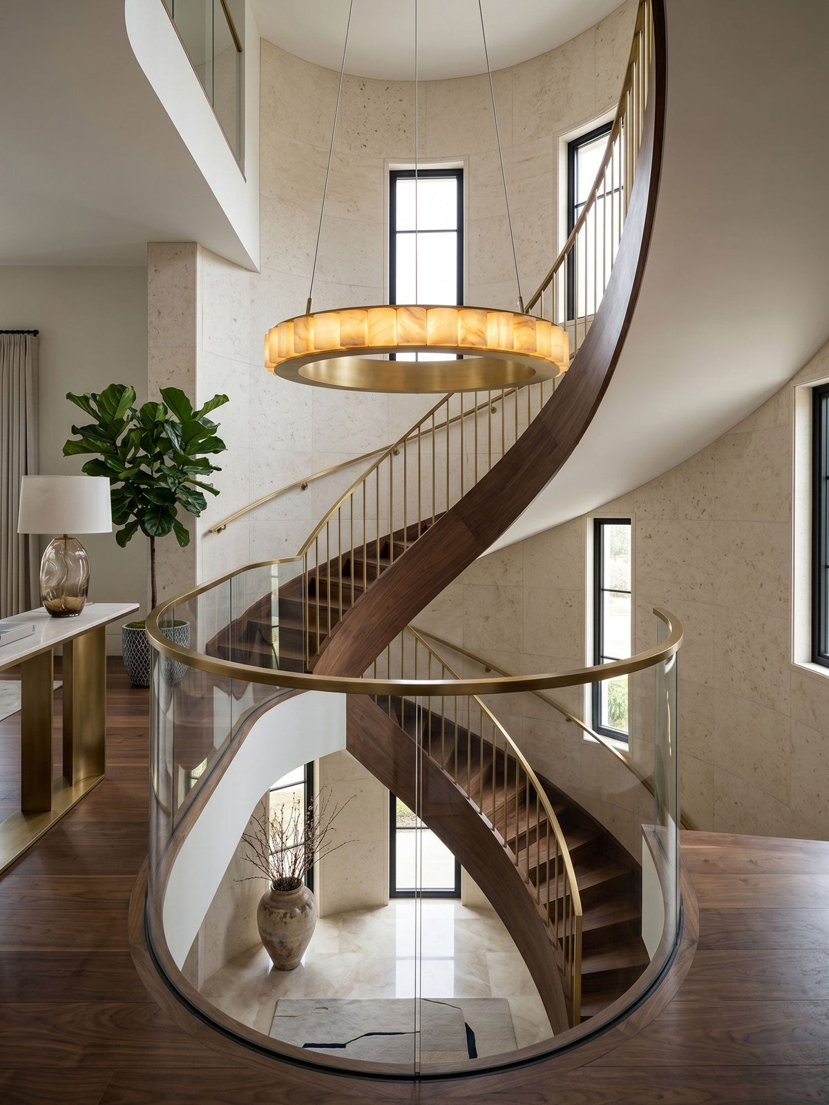 Avalon Halo Alabaster Chandelier – Modern Brass LED Pendant Light