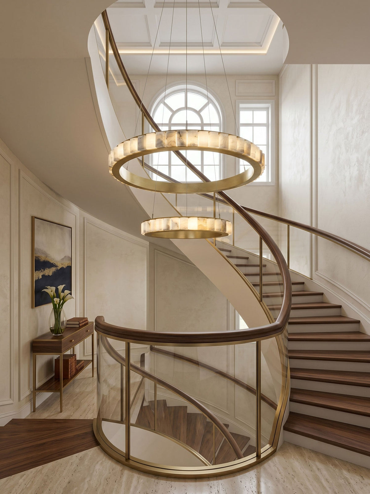 Avalon Halo Alabaster Chandelier – Modern Brass LED Pendant Light
