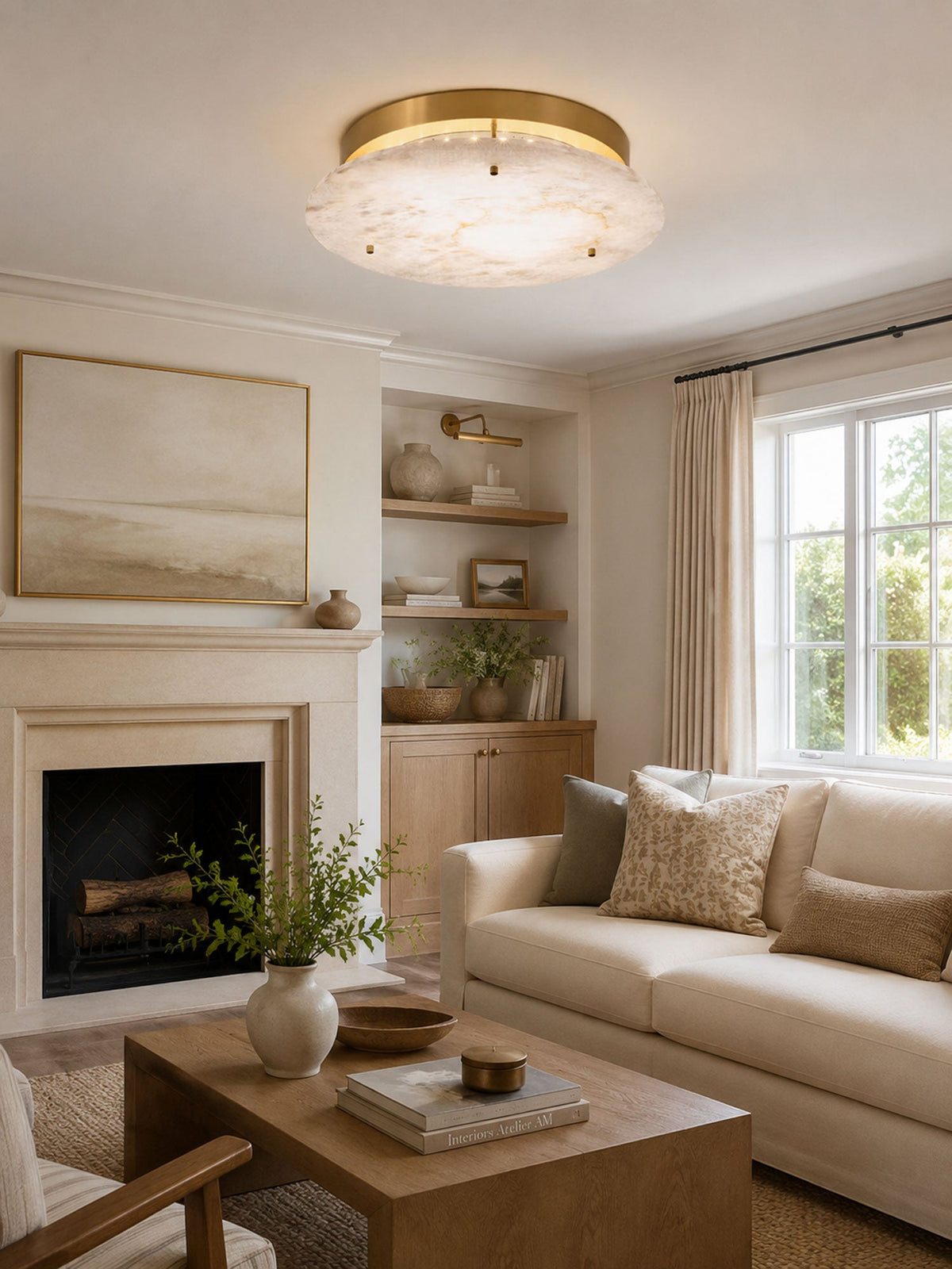 Alabaster Disc Ceiling Light in Brass | Flush Mount LED Lamp
