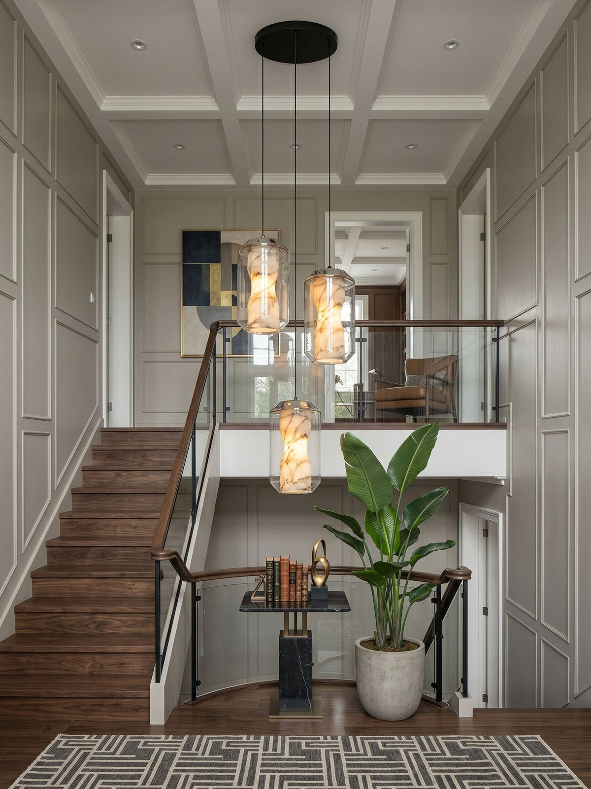 Hand-Carved Alabaster Cylinder Pendant Light in Glass Shell
