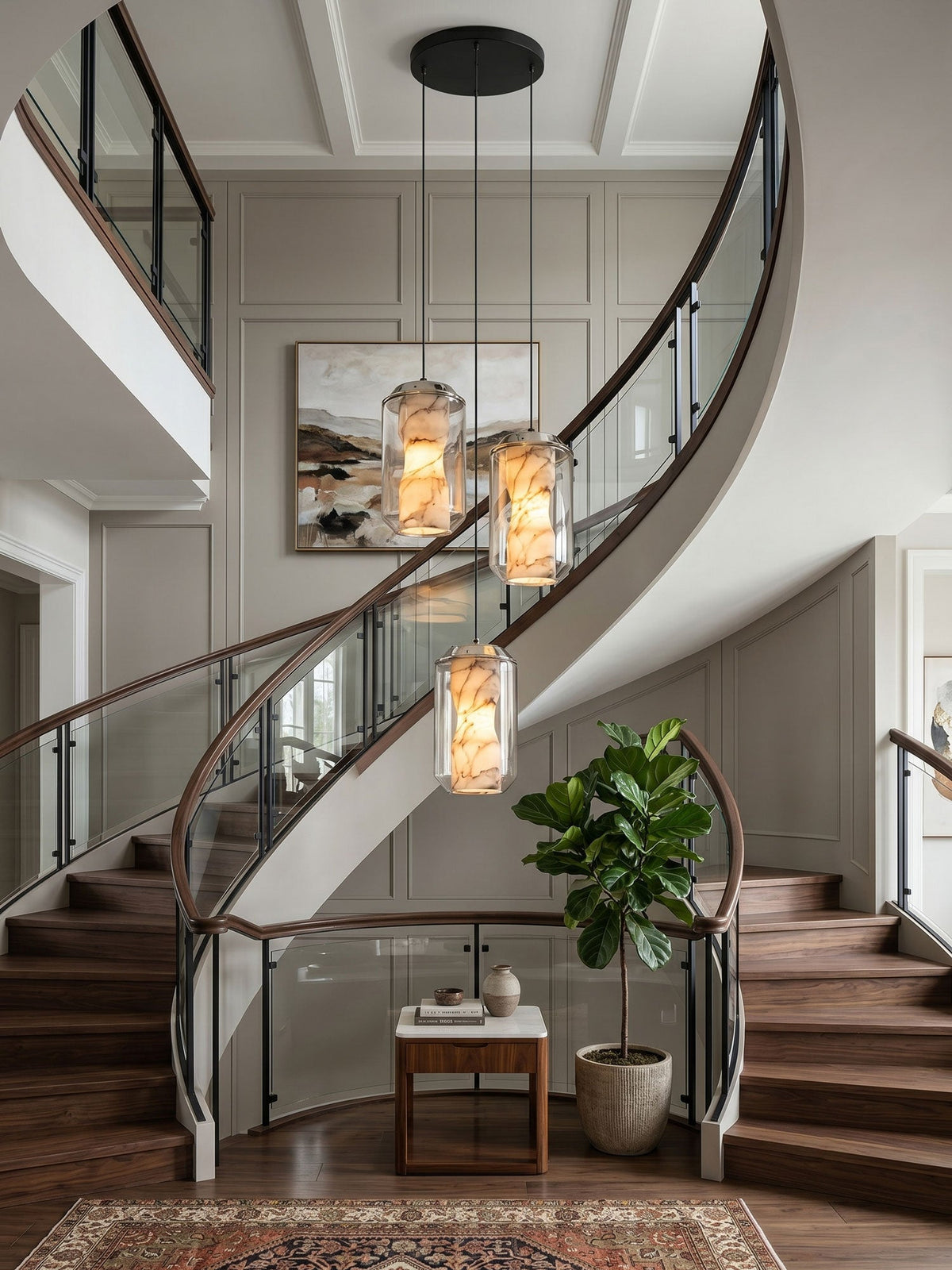 Hand-Carved Alabaster Cylinder Pendant Light in Glass Shell