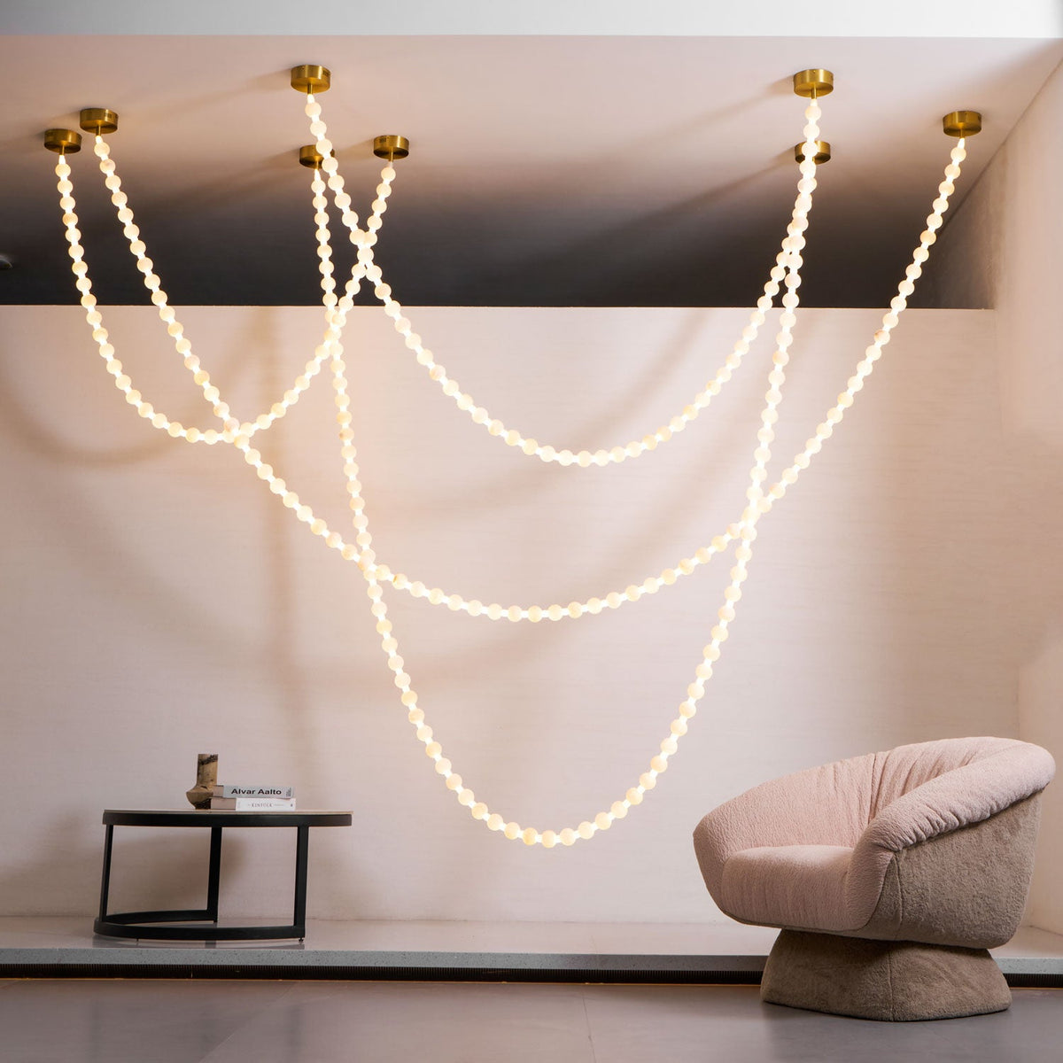 Alabaster Pearl Necklace Chandelier — Cascading Beaded LED Pendant Light