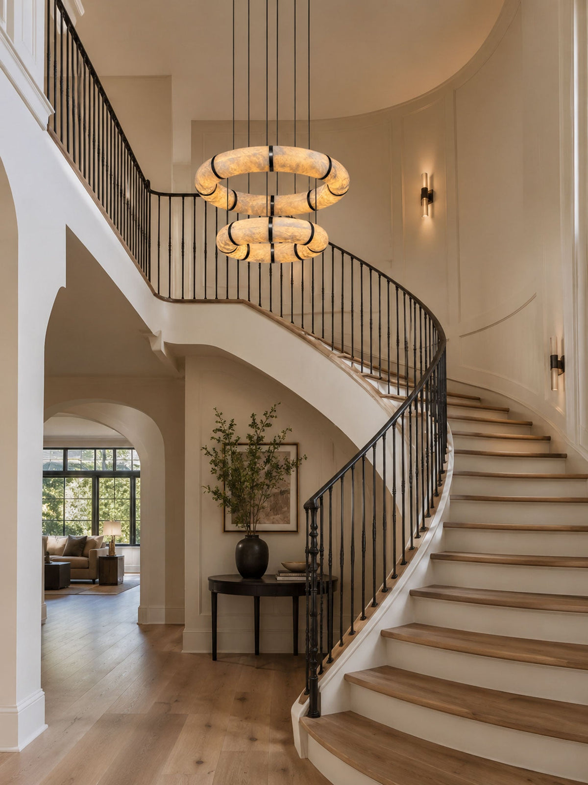 Alabaster Torus Double Ring Chandelier – Spanish Stone Halo Pendant Light