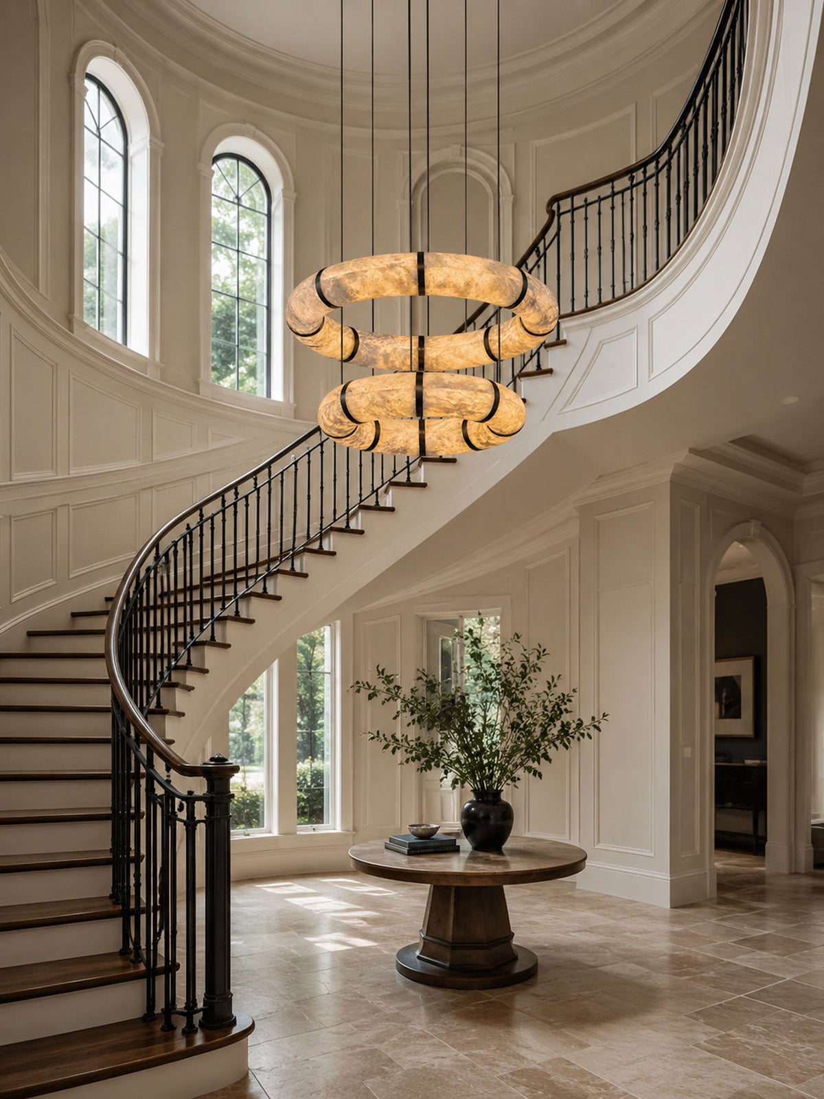 Alabaster Torus Double Ring Chandelier – Spanish Stone Halo Pendant Light