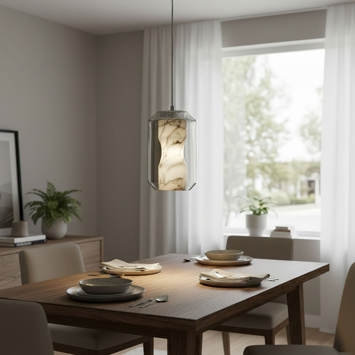 Hand-Carved Alabaster Cylinder Pendant Light in Glass Shell