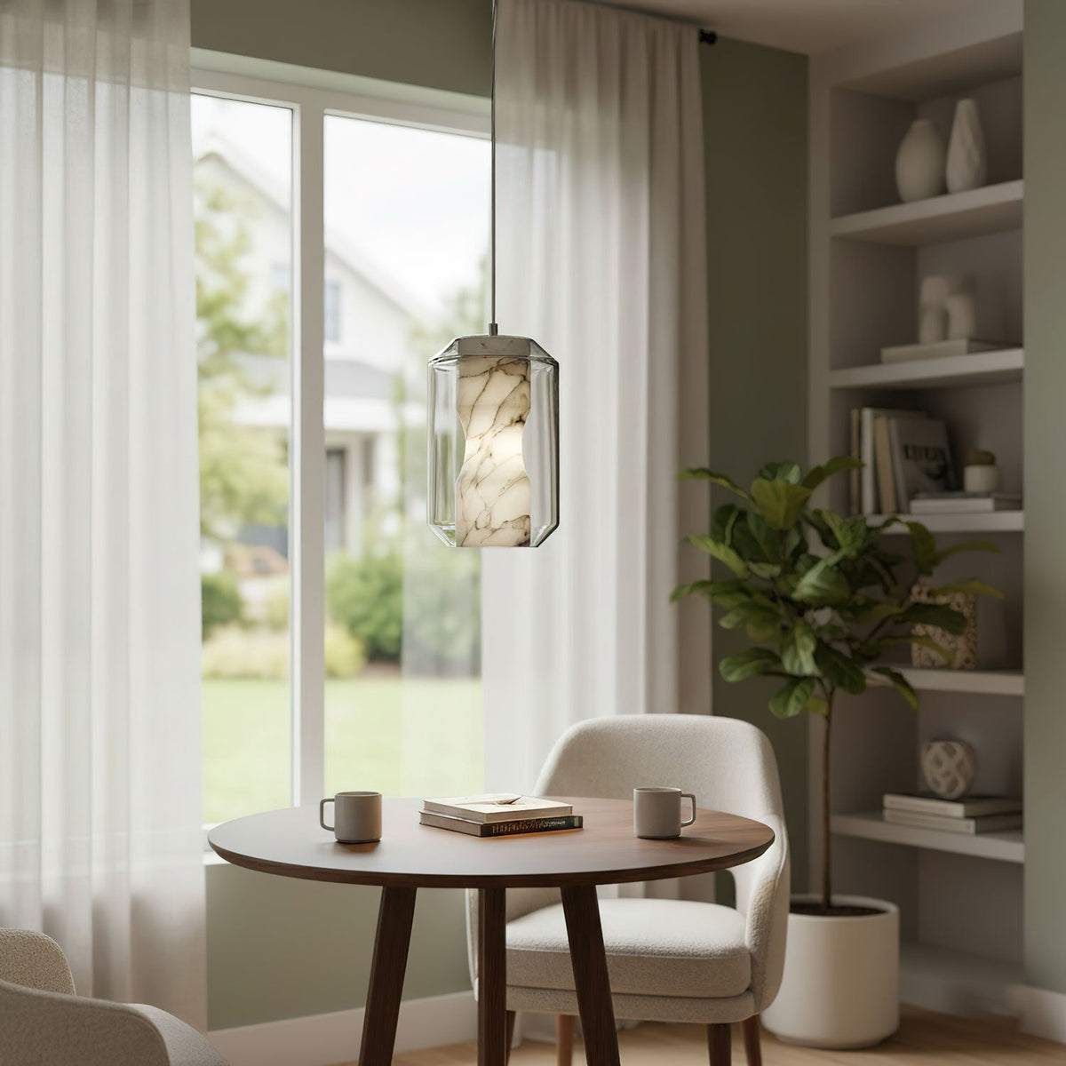 Hand-Carved Alabaster Cylinder Pendant Light in Glass Shell