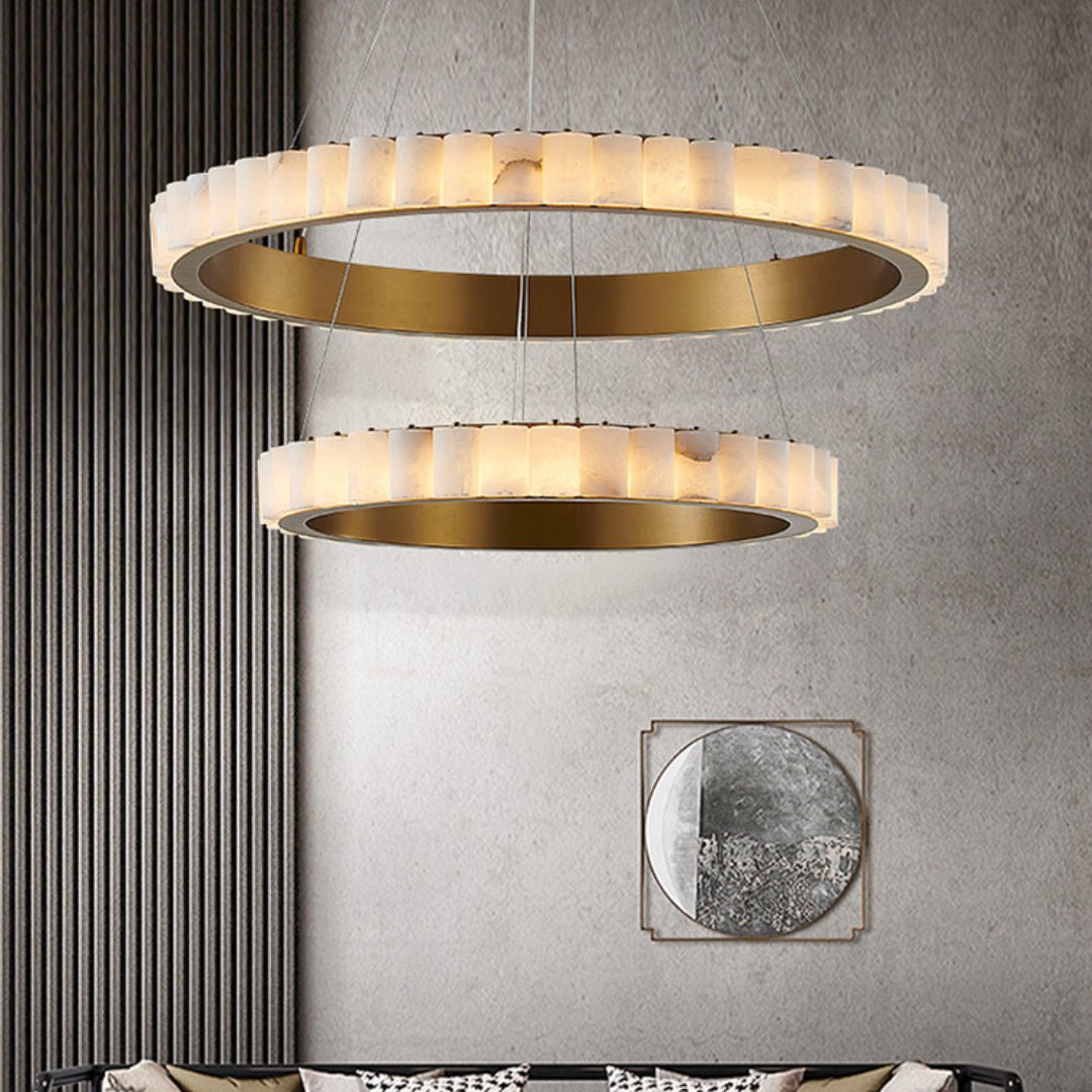 Avalon Halo Alabaster Chandelier – Modern Brass LED Pendant Light