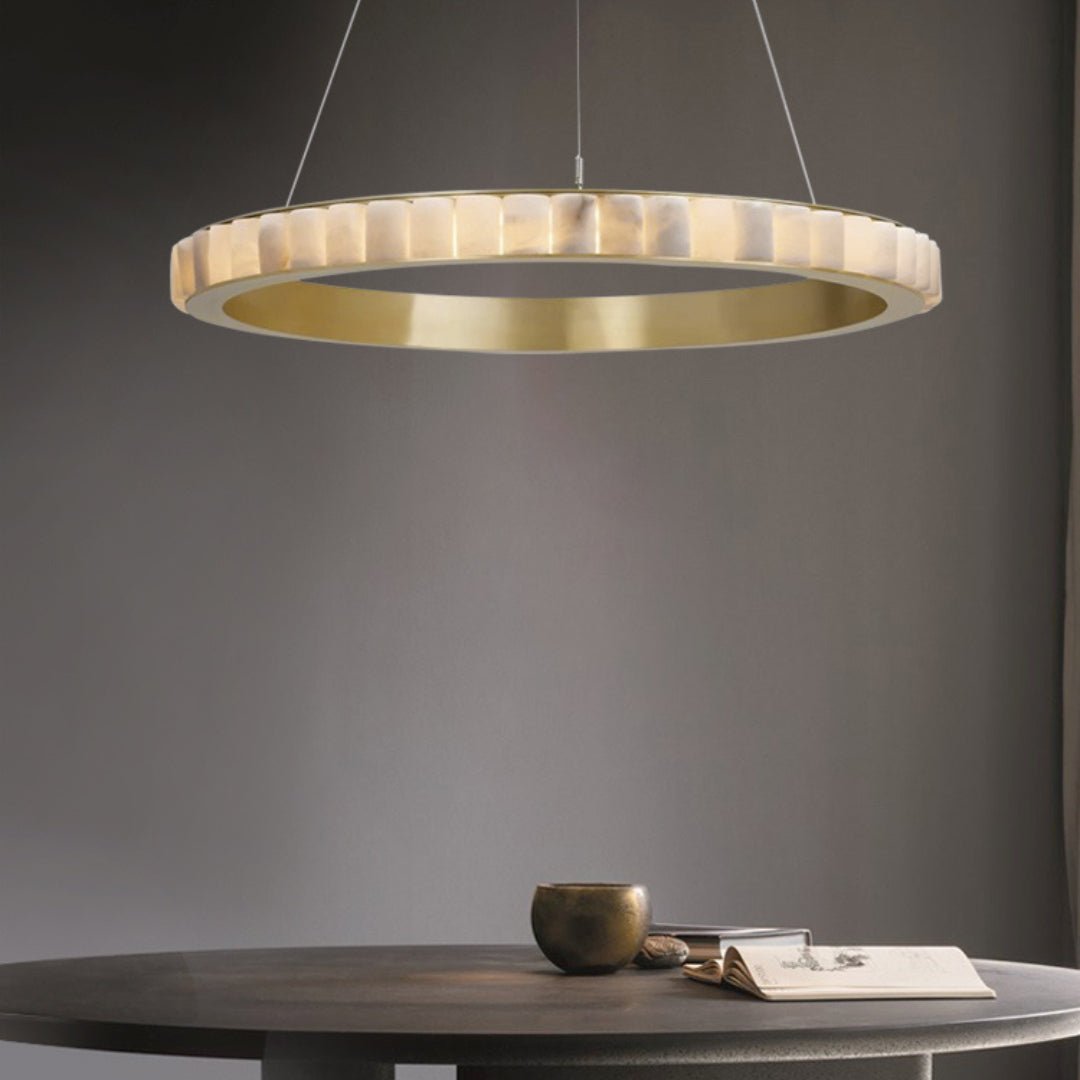 Avalon Halo Alabaster Chandelier – Modern Brass LED Pendant Light