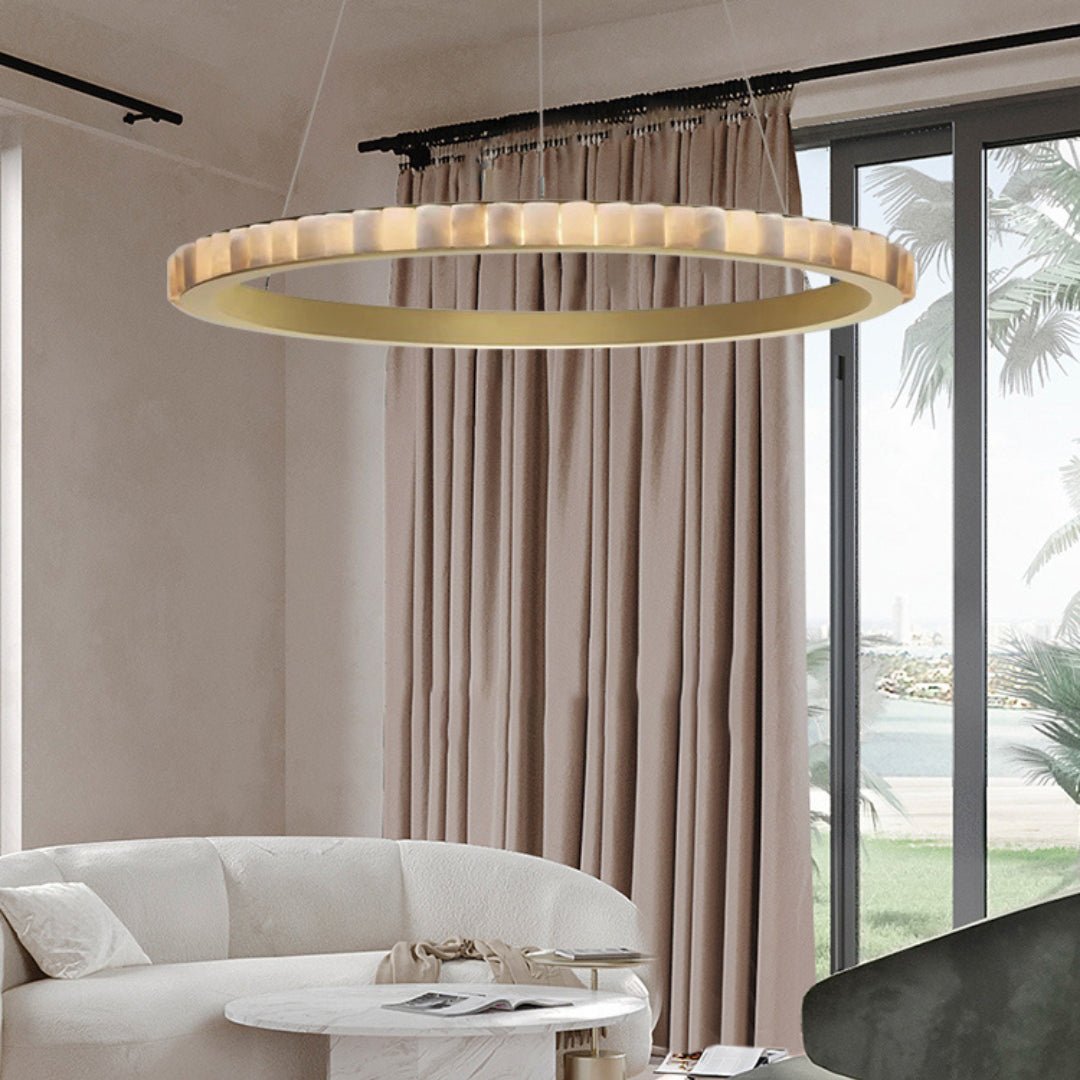 Avalon Halo Alabaster Chandelier – Modern Brass LED Pendant Light