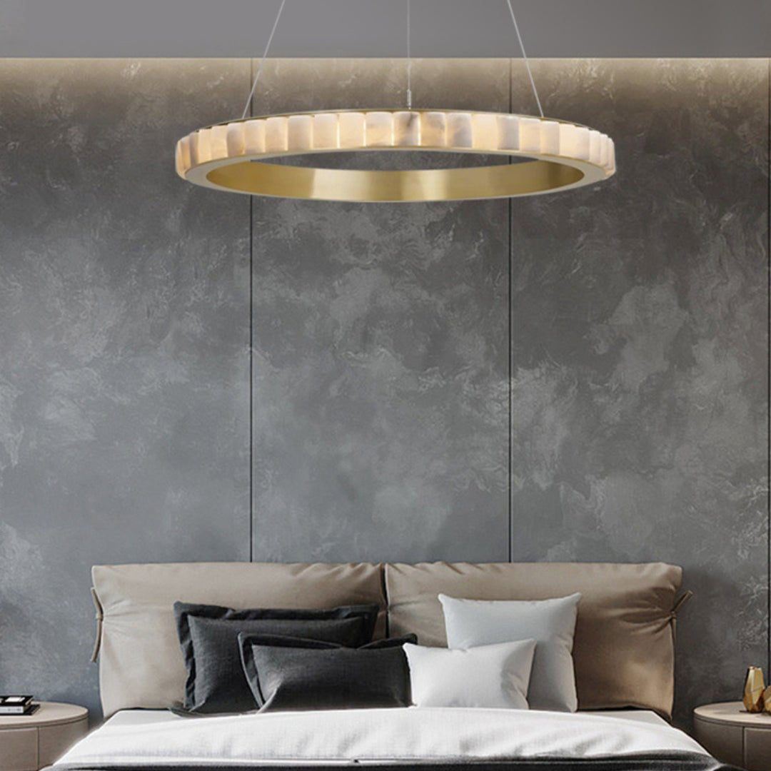 Avalon Halo Alabaster Chandelier – Modern Brass LED Pendant Light
