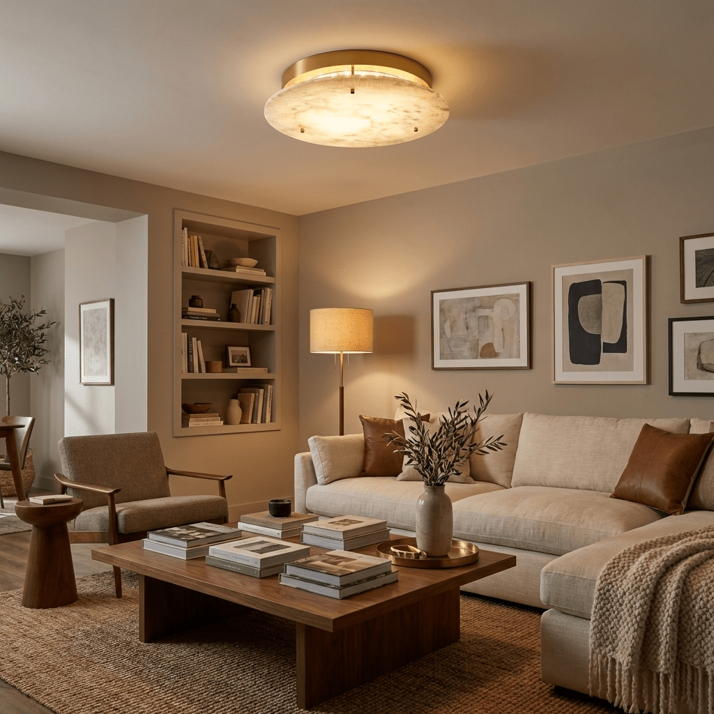 Alabaster Disc Ceiling Light in Brass | Flush Mount LED Lamp