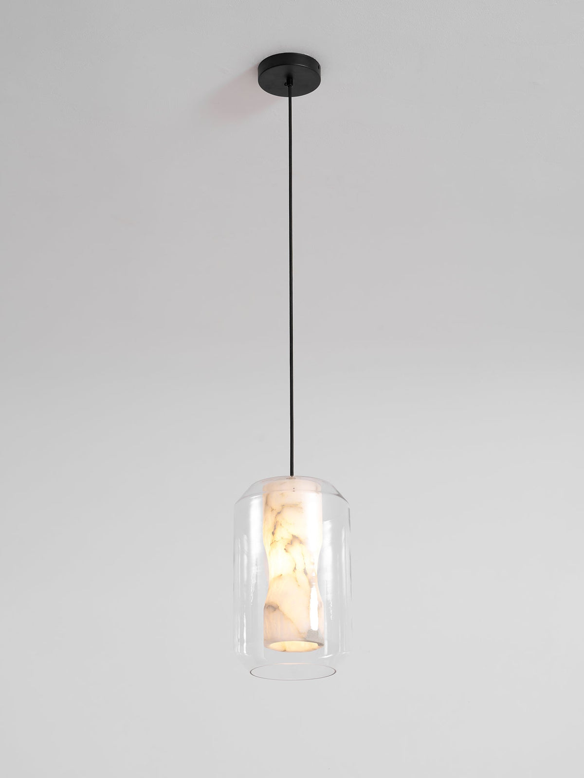 Hand-Carved Alabaster Cylinder Pendant Light in Glass Shell