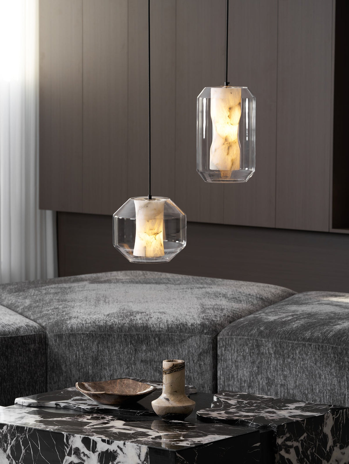 Hand-Carved Alabaster Cylinder Pendant Light in Glass Shell