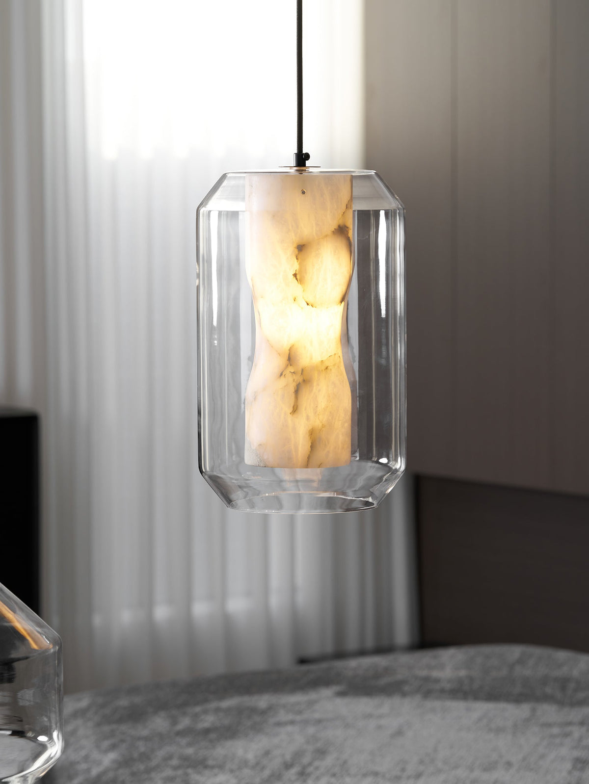 Hand-Carved Alabaster Cylinder Pendant Light in Glass Shell