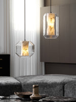 Hand-Carved Alabaster Cylinder Pendant Light in Glass Shell