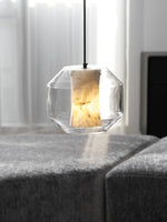 Hand-Carved Alabaster Cylinder Pendant Light in Glass Shell