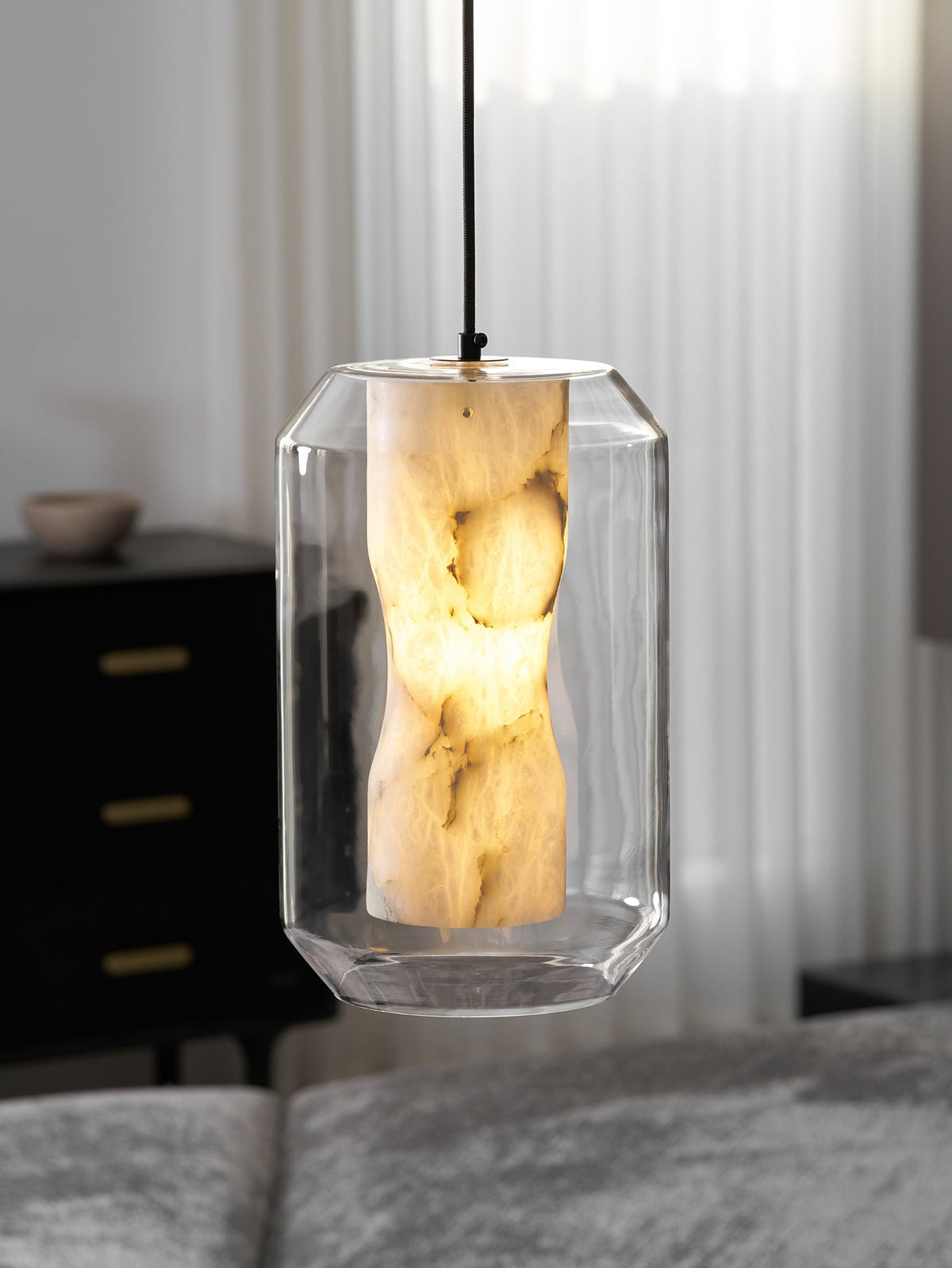 Hand-Carved Alabaster Cylinder Pendant Light in Glass Shell