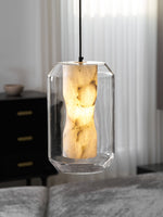 Hand-Carved Alabaster Cylinder Pendant Light in Glass Shell