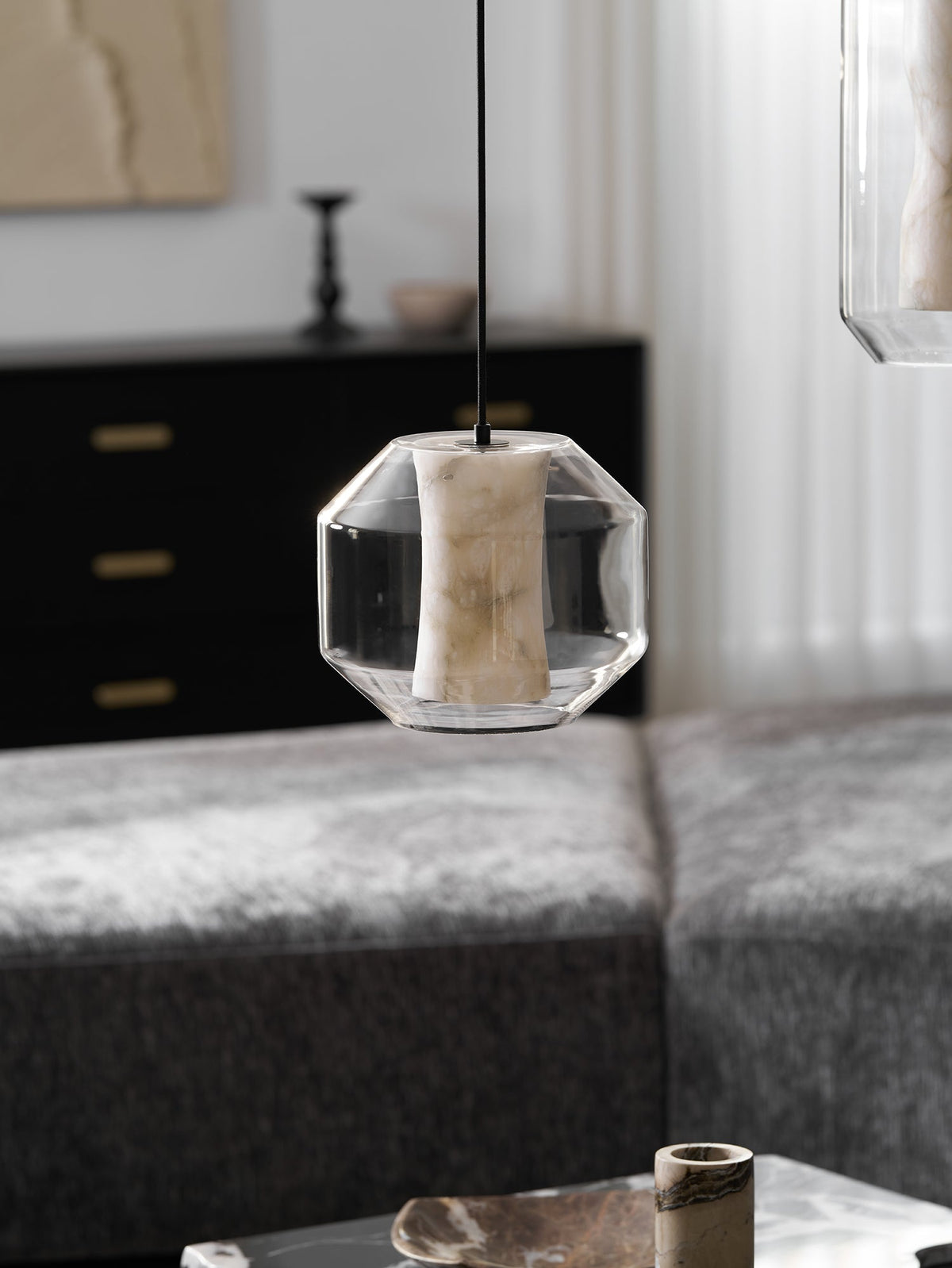 Hand-Carved Alabaster Cylinder Pendant Light in Glass Shell