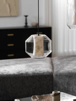 Hand-Carved Alabaster Cylinder Pendant Light in Glass Shell