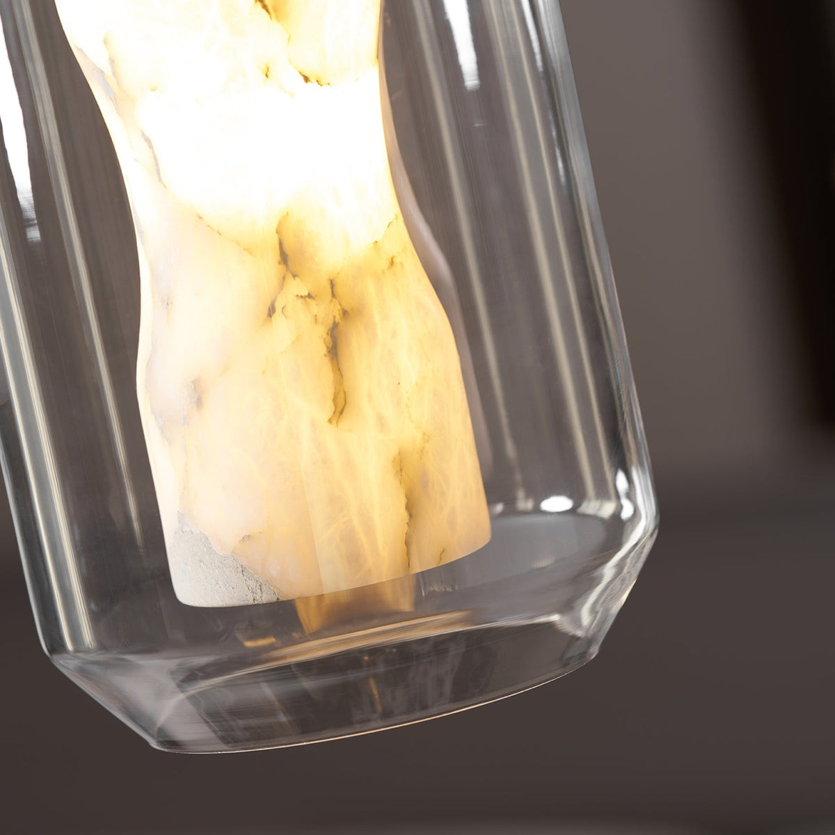 Hand-Carved Alabaster Cylinder Pendant Light in Glass Shell