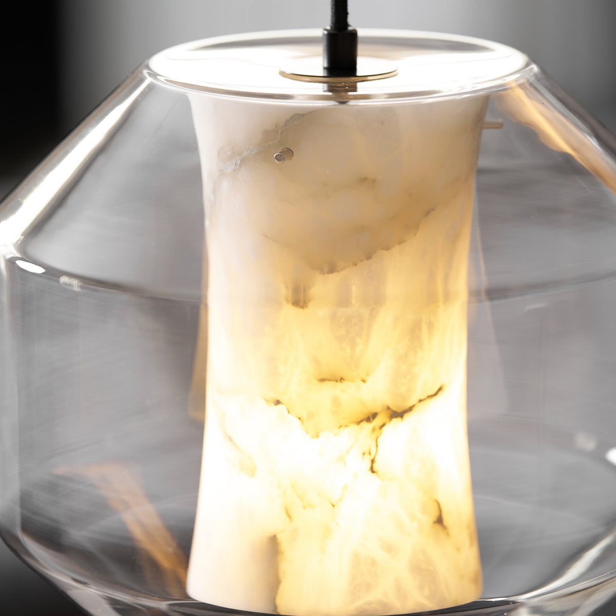 Hand-Carved Alabaster Cylinder Pendant Light in Glass Shell