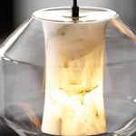 Hand-Carved Alabaster Cylinder Pendant Light in Glass Shell