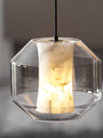Hand-Carved Alabaster Cylinder Pendant Light in Glass Shell