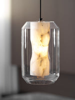 Hand-Carved Alabaster Cylinder Pendant Light in Glass Shell