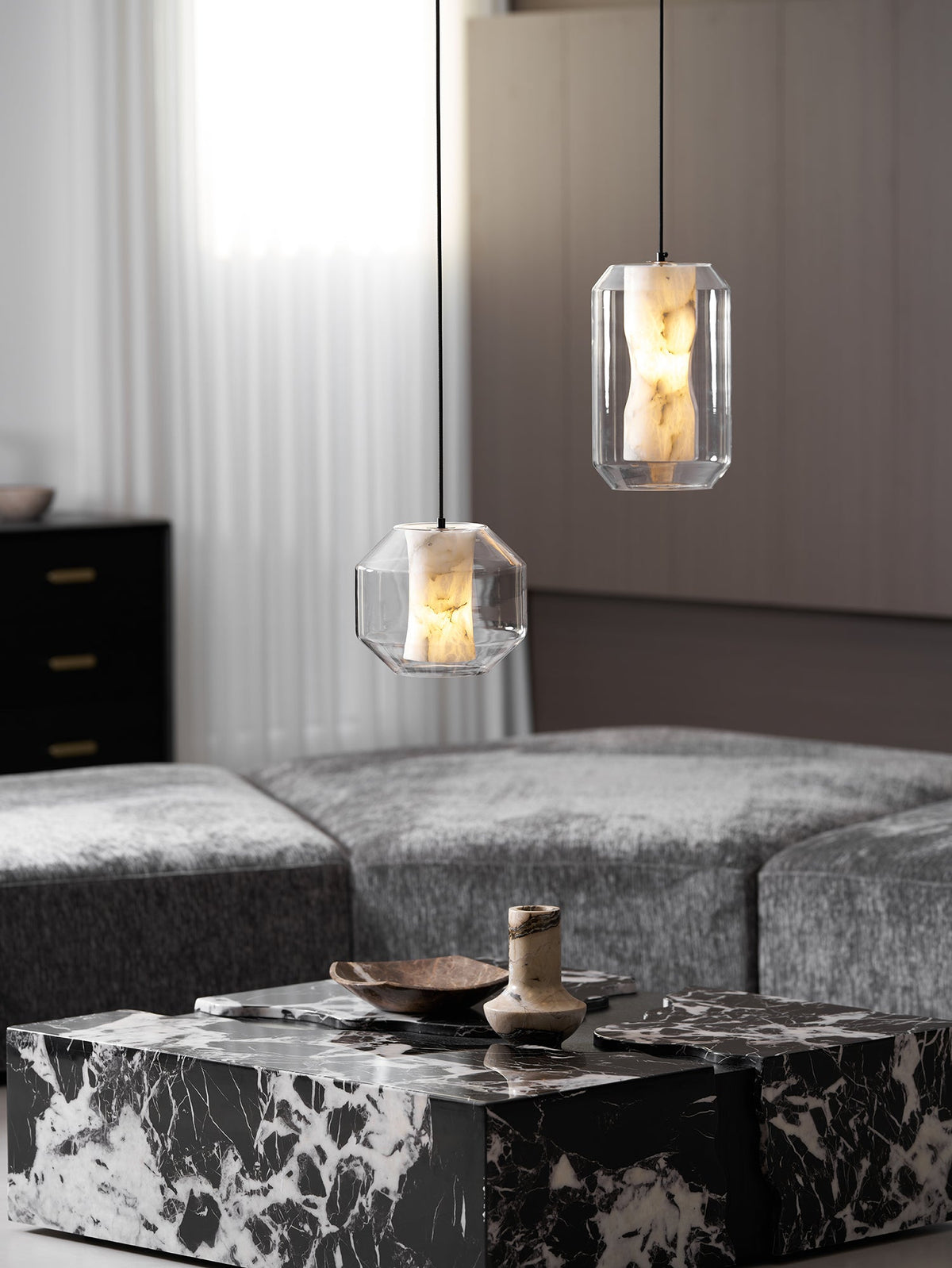 Hand-Carved Alabaster Cylinder Pendant Light in Glass Shell