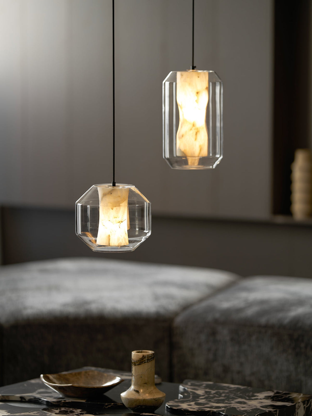 Hand-Carved Alabaster Cylinder Pendant Light in Glass Shell