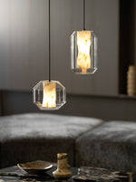 Hand-Carved Alabaster Cylinder Pendant Light in Glass Shell